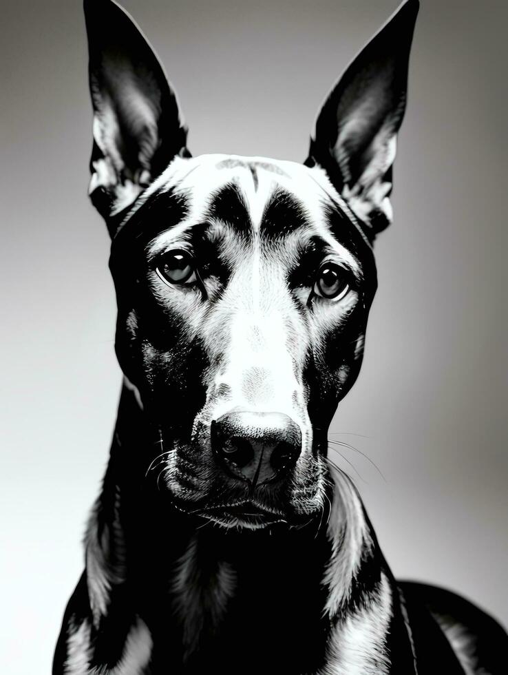 Happy Doberman Pinscher Dog Black and White Monochrome Photo in Studio Lighting