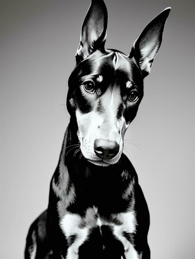 Happy Doberman Pinscher Dog Black and White Monochrome Photo in Studio Lighting