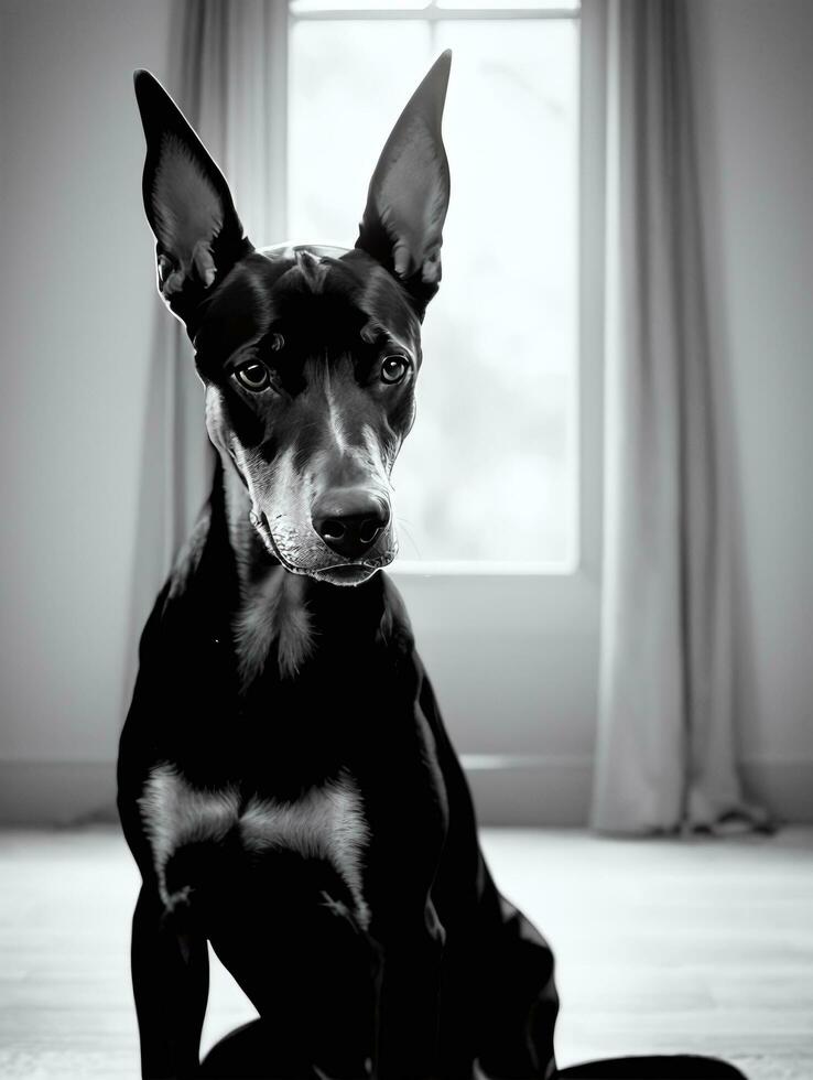 Happy Doberman Pinscher Dog Black and White Monochrome Photo in Studio Lighting