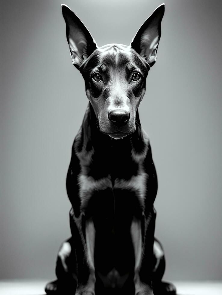 contento caballero pinscher perro negro y blanco monocromo foto en estudio Encendiendo