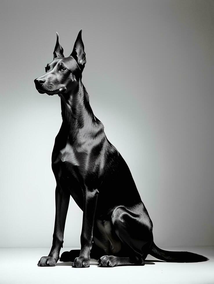 Happy Doberman Pinscher Dog Black and White Monochrome Photo in Studio Lighting