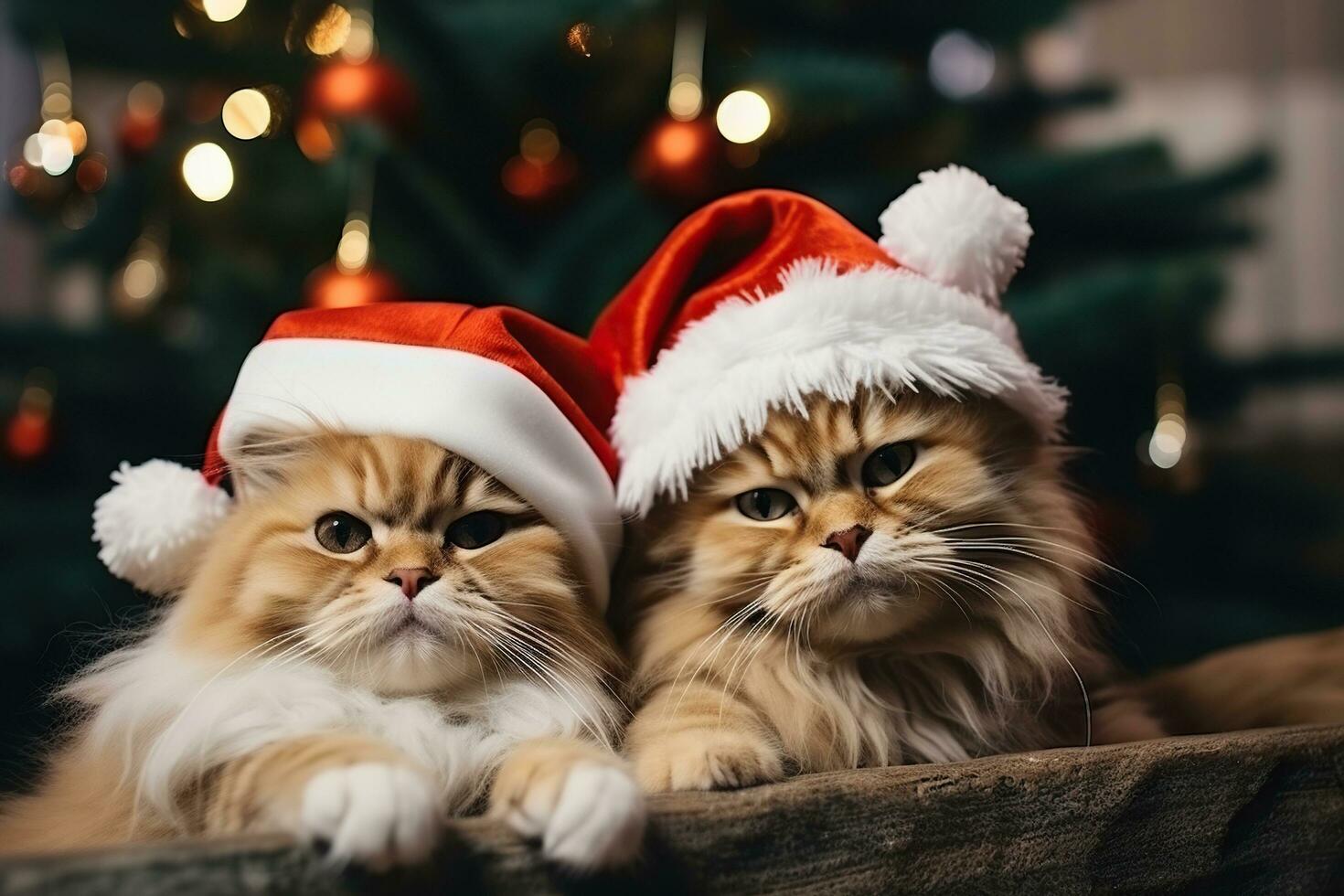 Two cats wearing Christmas santa hats. Merry Christmas and a Happy New Year. Generative AI photo