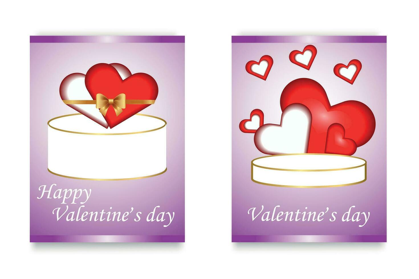 Valentines Day cards with hand drawn hearts design on cake box and podium with gold. Greeting card design. Vector illustration.