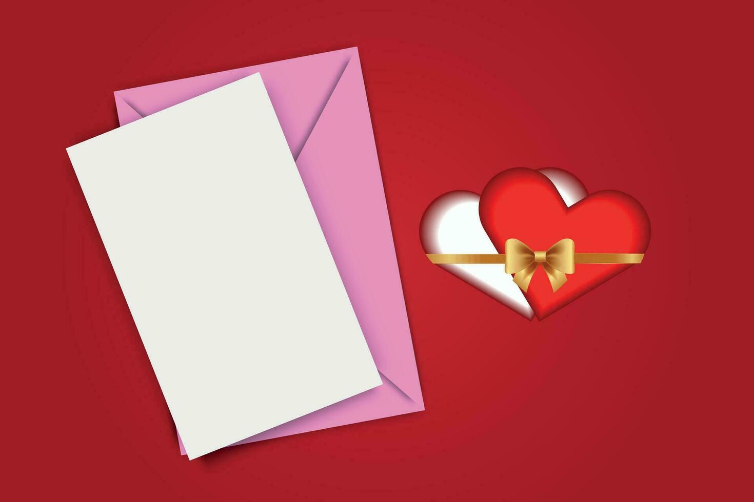 amor letra modelo para san valentin día, con rosado sobre y corazones en un rojo antecedentes. vector ilustración.