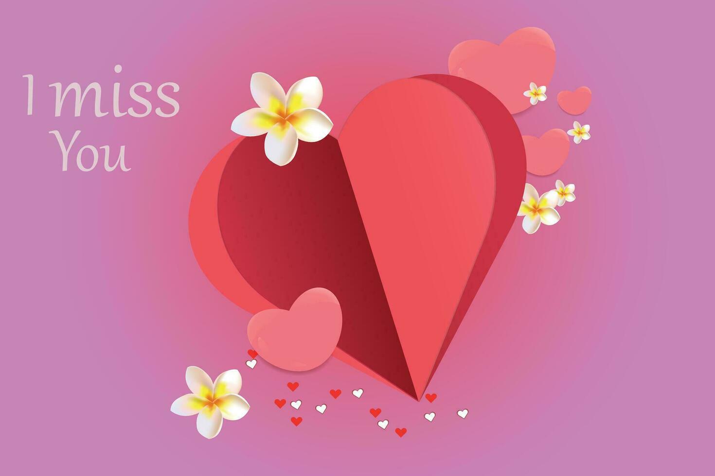 Congratulations to Valentines Day. Red paper heart with delicate plumeria flowers on a pink background. Vector illustration.