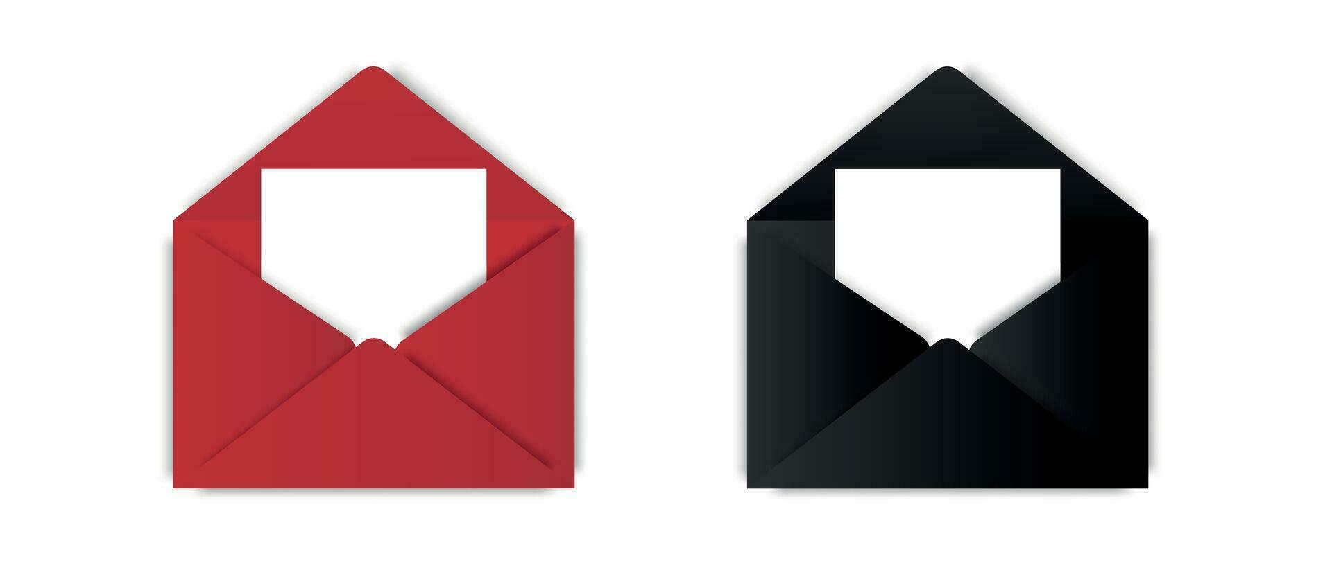 Black and red envelopes with a letter inside. Mockup of an open letter with a white paper document inside. Vector illustration.