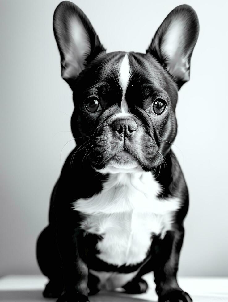 Happy French Bulldog Black and White Monochrome Photo in Studio Lighting