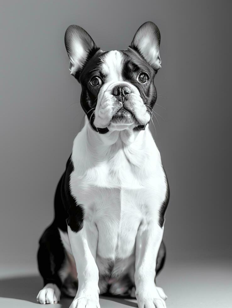 contento francés buldog negro y blanco monocromo foto en estudio Encendiendo