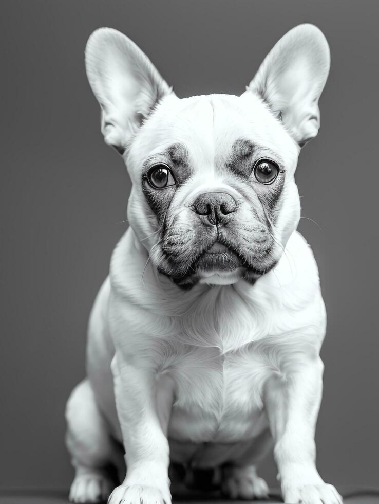 Happy French Bulldog Black and White Monochrome Photo in Studio Lighting