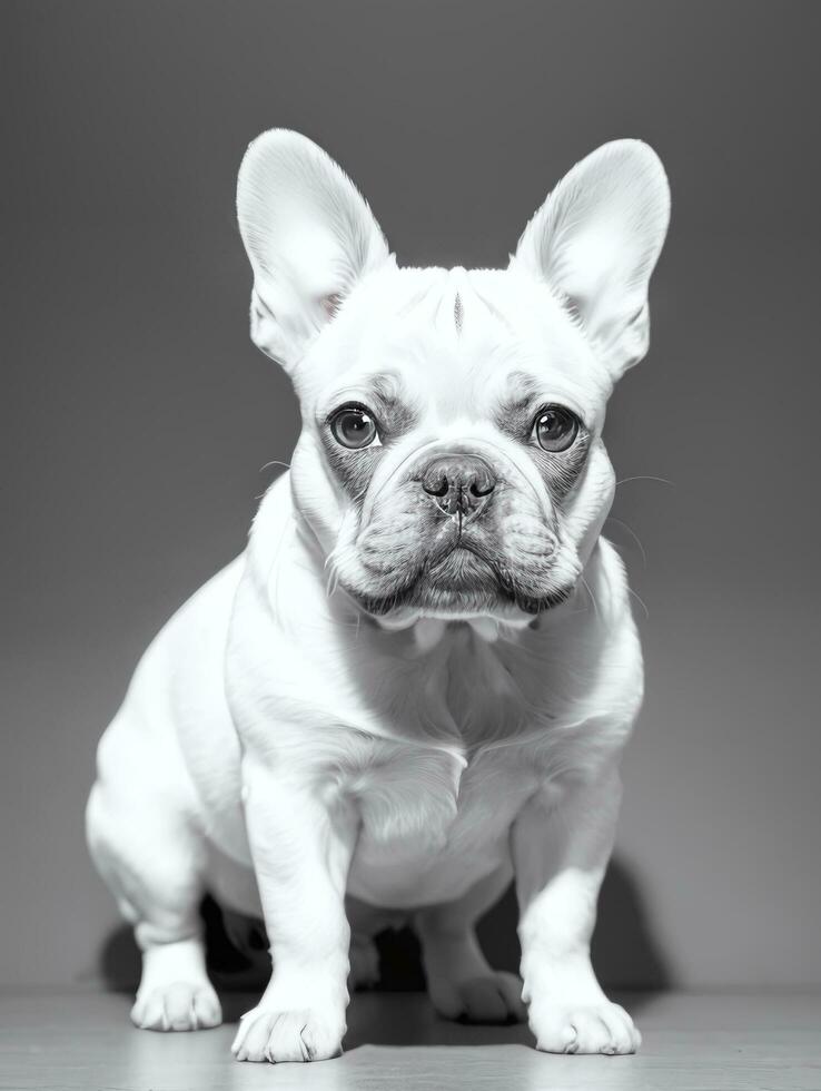 Happy French Bulldog Black and White Monochrome Photo in Studio Lighting