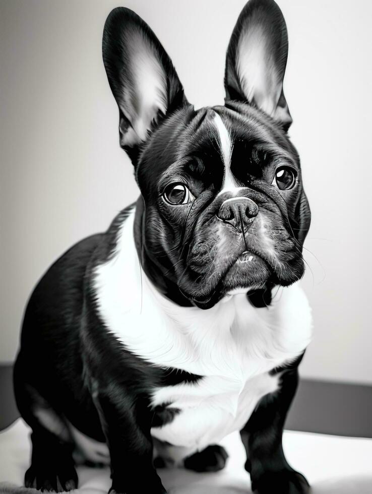 Happy French Bulldog Black and White Monochrome Photo in Studio Lighting