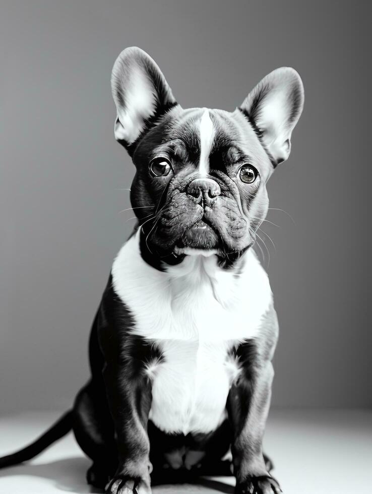 Happy French Bulldog Black and White Monochrome Photo in Studio Lighting