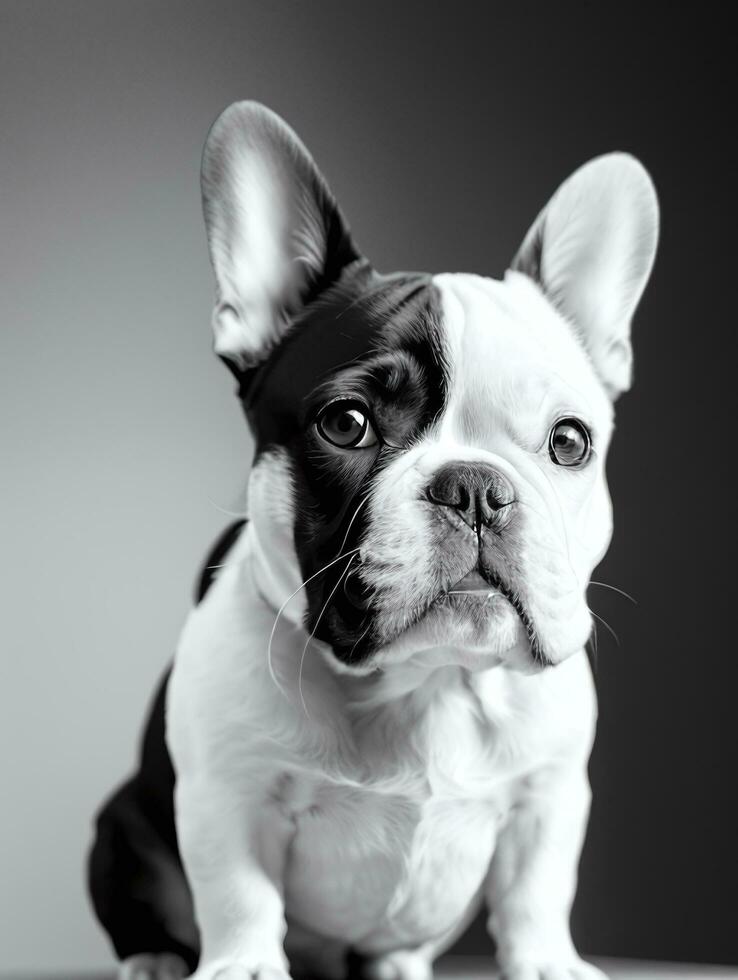 Happy French Bulldog Black and White Monochrome Photo in Studio Lighting