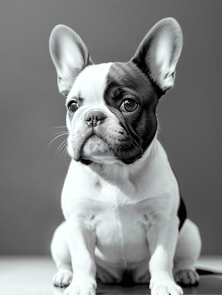 Happy French Bulldog Black and White Monochrome Photo in Studio Lighting