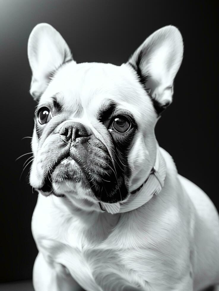 Happy French Bulldog Black and White Monochrome Photo in Studio Lighting