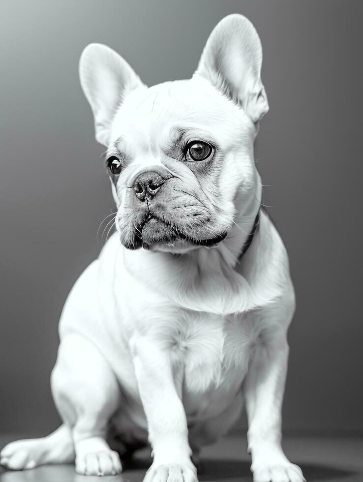 Happy French Bulldog Black and White Monochrome Photo in Studio Lighting