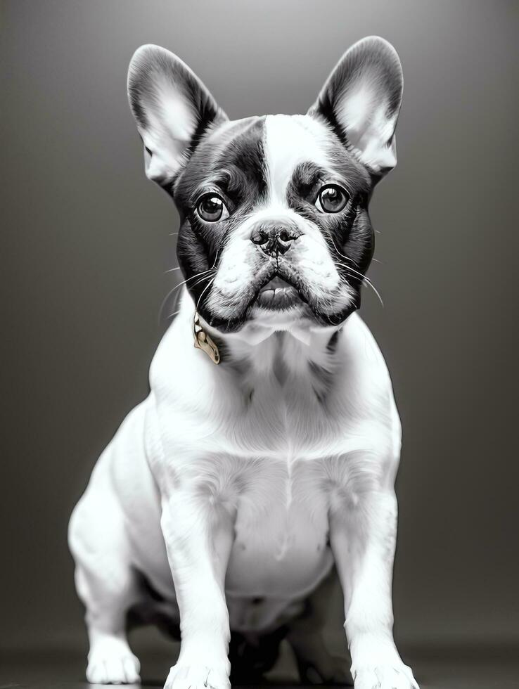 Happy French Bulldog Black and White Monochrome Photo in Studio Lighting