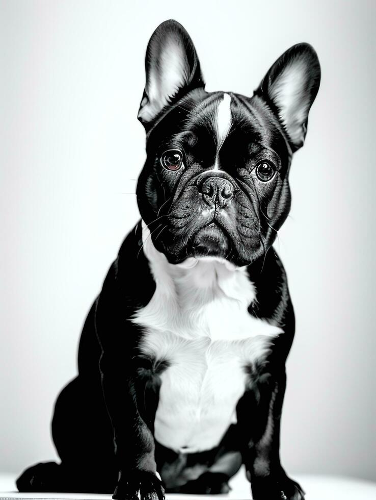 Happy French Bulldog Black and White Monochrome Photo in Studio Lighting