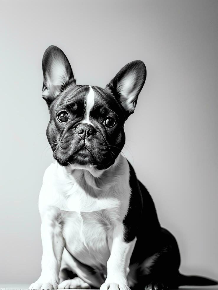 Happy French Bulldog Black and White Monochrome Photo in Studio Lighting