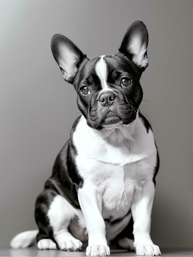 Happy French Bulldog Black and White Monochrome Photo in Studio Lighting