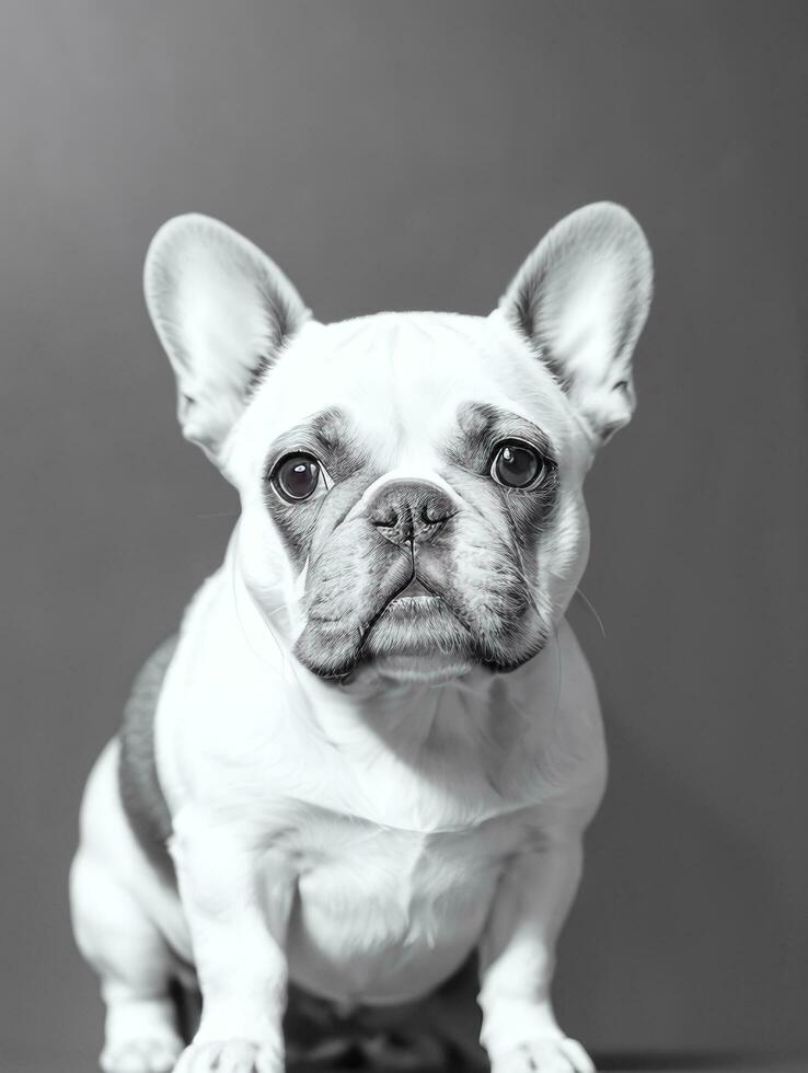 Happy French Bulldog Black and White Monochrome Photo in Studio Lighting