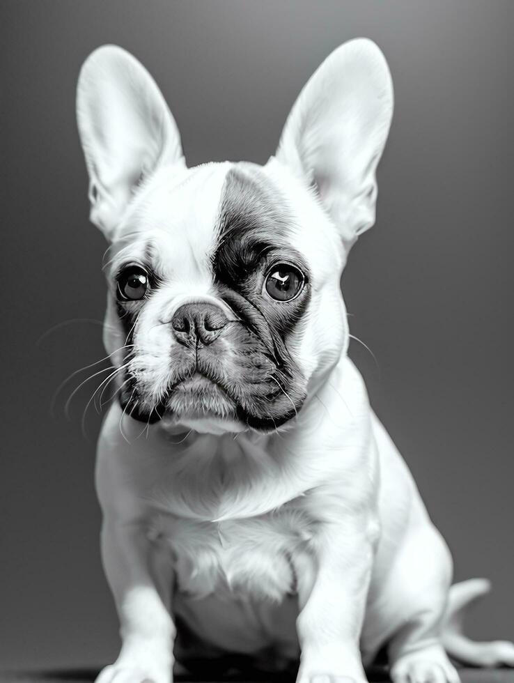 Happy French Bulldog Black and White Monochrome Photo in Studio Lighting