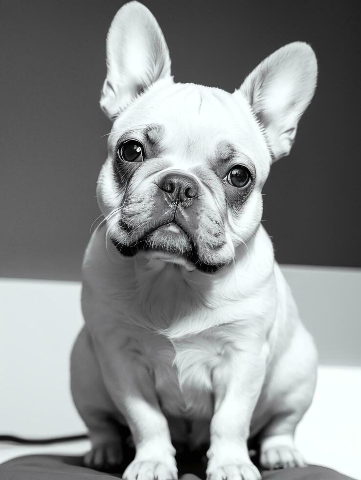 Happy French Bulldog Black and White Monochrome Photo in Studio Lighting