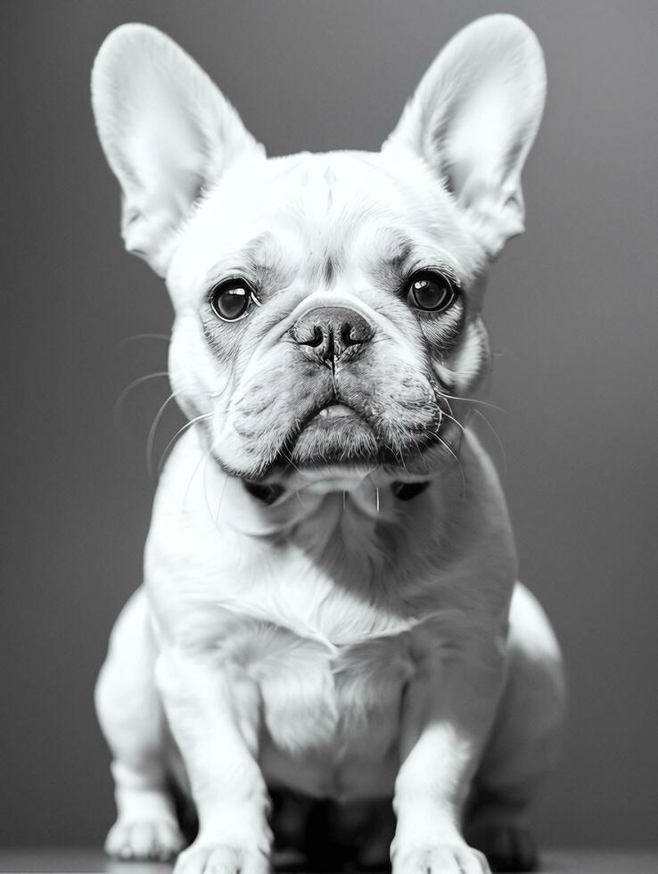 Happy French Bulldog Black and White Monochrome Photo in Studio Lighting