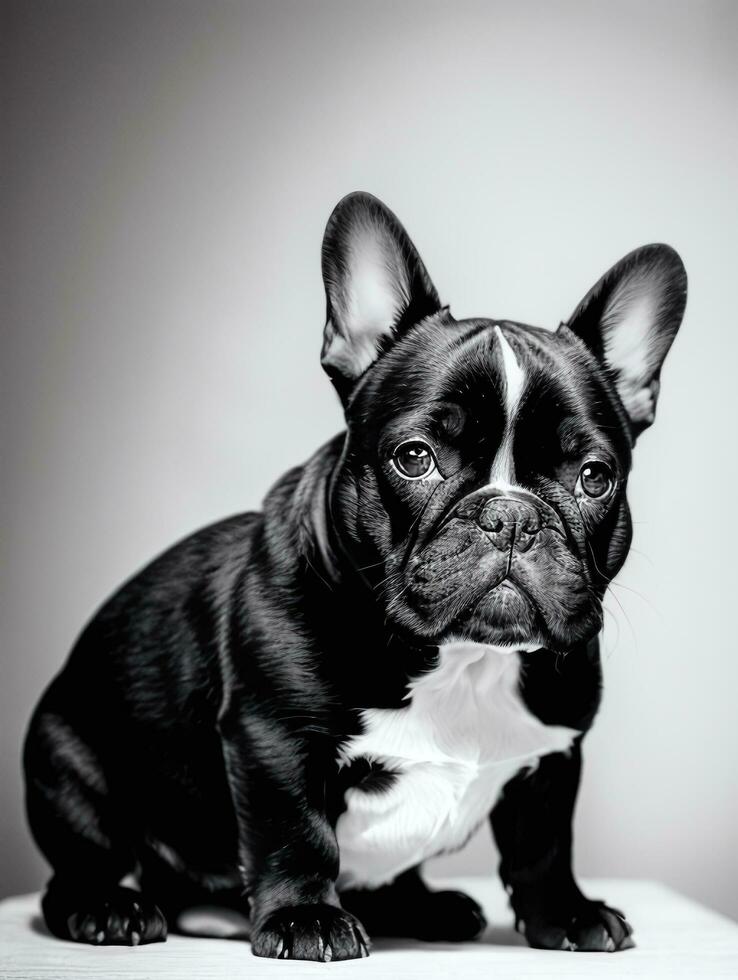 Happy French Bulldog Black and White Monochrome Photo in Studio Lighting