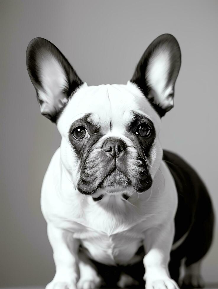 Happy French Bulldog Black and White Monochrome Photo in Studio Lighting