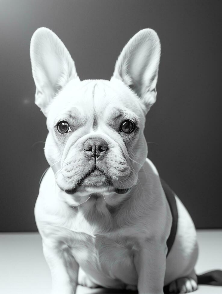 Happy French Bulldog Black and White Monochrome Photo in Studio Lighting