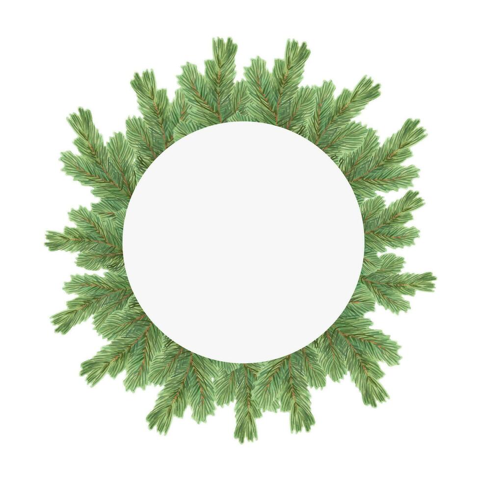 Wreath made from Christmas tree branches. Traditional winter garland with evergreen branches. Decor for New Year, Christmas and seasonal holidays.Botanical hand drawn isolated art vector