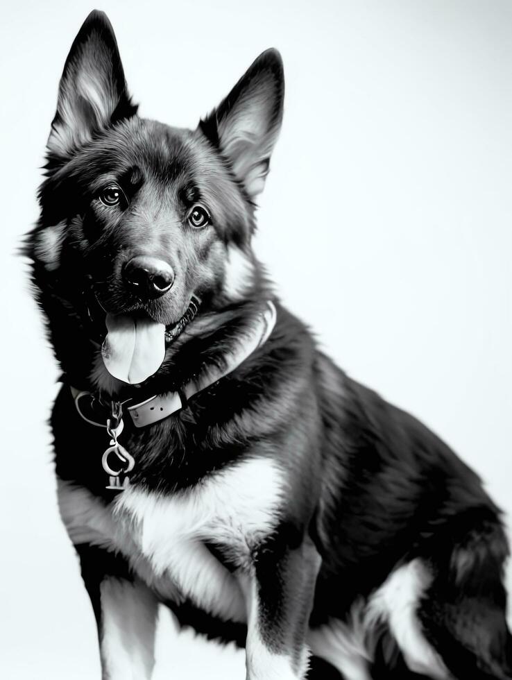 Happy German Shepherd Dog Black and White Monochrome Photo in Studio Lighting