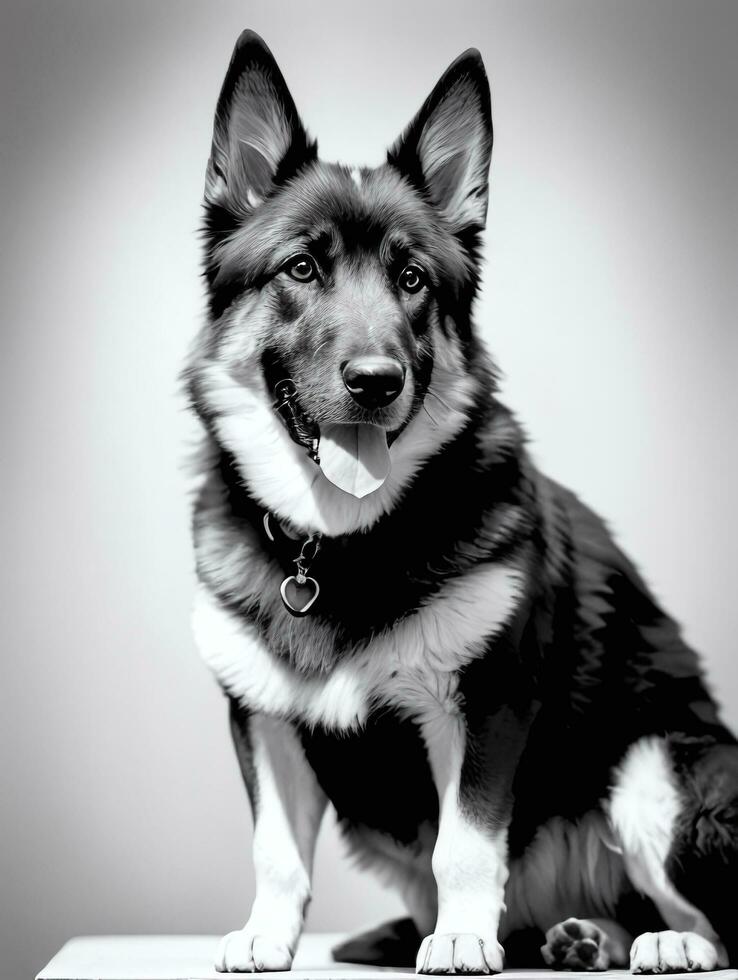 Happy German Shepherd Dog Black and White Monochrome Photo in Studio Lighting