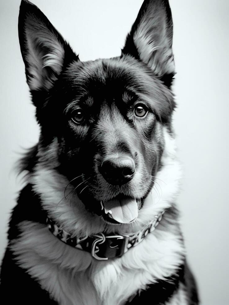 contento alemán pastor perro negro y blanco monocromo foto en estudio Encendiendo