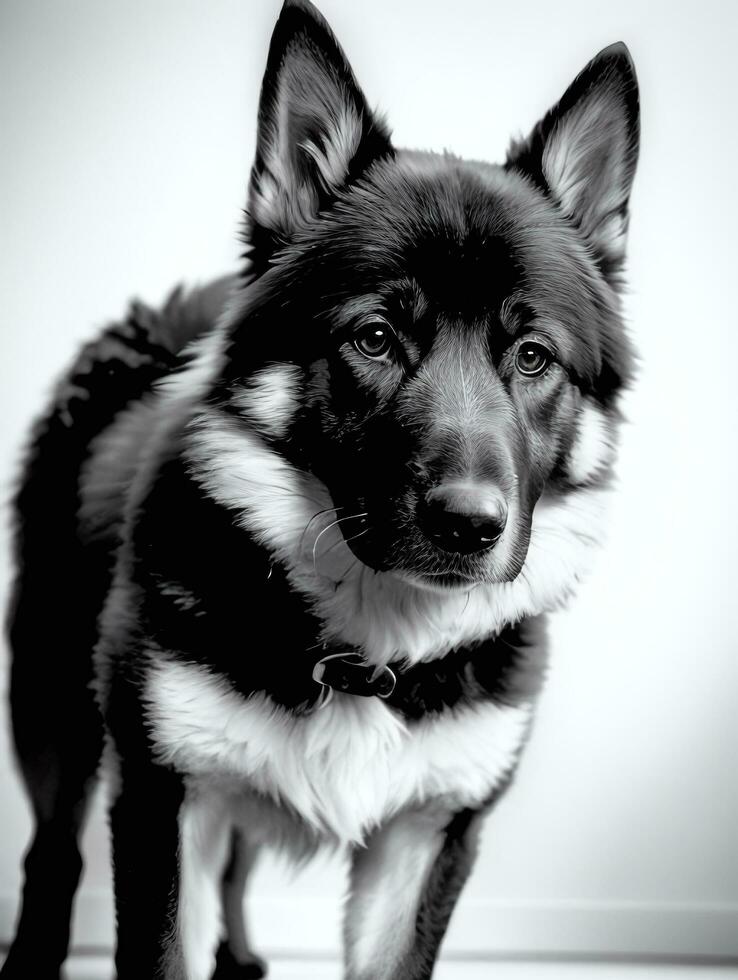 Happy German Shepherd Dog Black and White Monochrome Photo in Studio Lighting