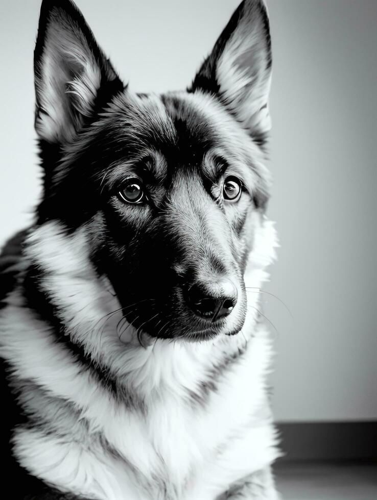 Happy German Shepherd Dog Black and White Monochrome Photo in Studio Lighting