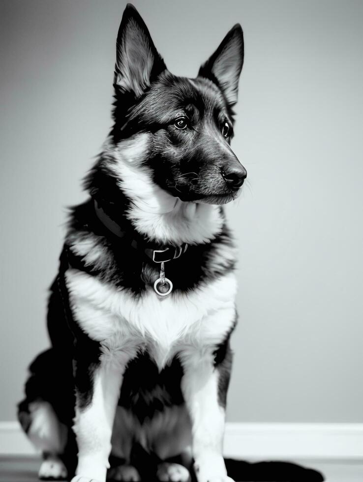 Happy German Shepherd Dog Black and White Monochrome Photo in Studio Lighting