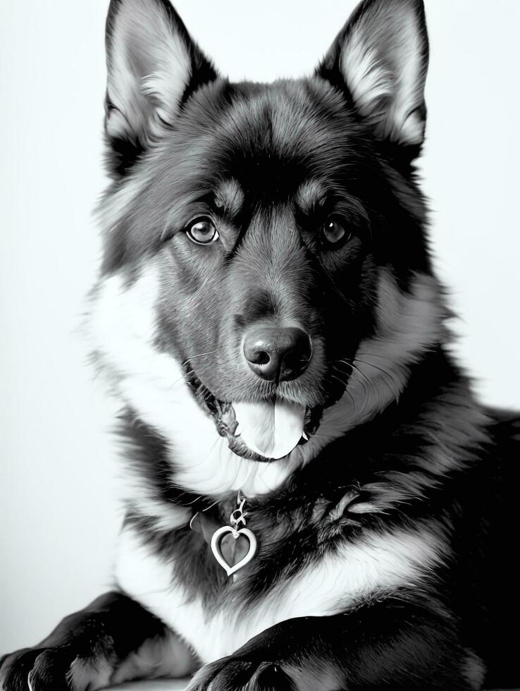 Happy German Shepherd Dog Black and White Monochrome Photo in Studio Lighting