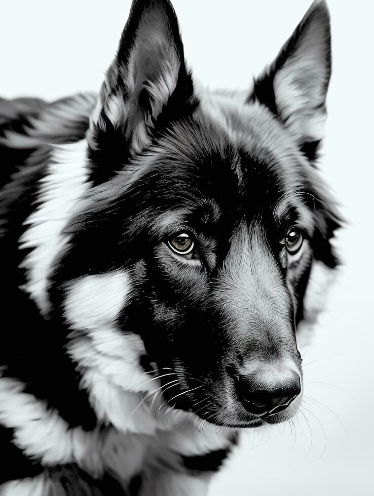 Happy German Shepherd Dog Black and White Monochrome Photo in Studio Lighting