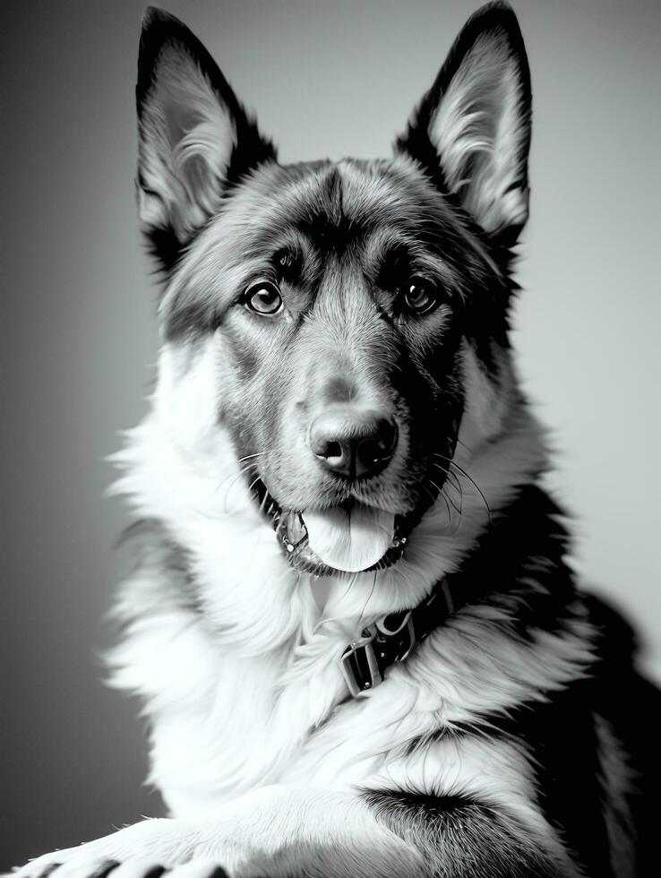 Happy German Shepherd Dog Black and White Monochrome Photo in Studio Lighting