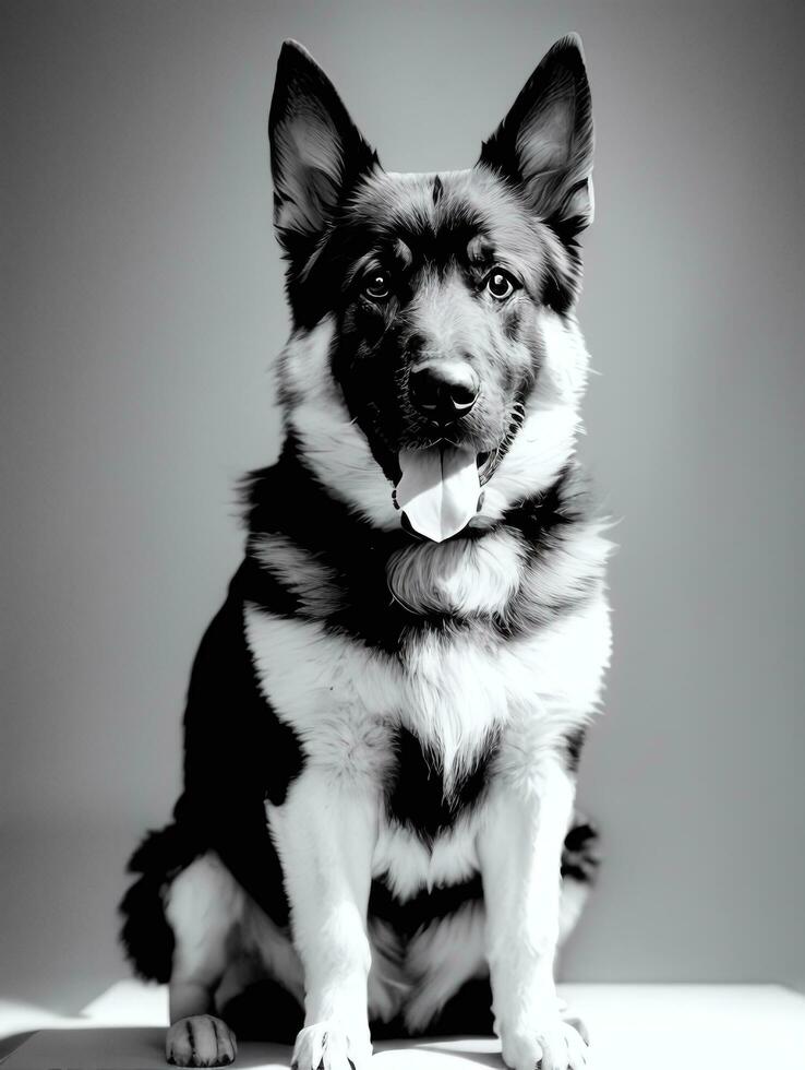 contento alemán pastor perro negro y blanco monocromo foto en estudio Encendiendo