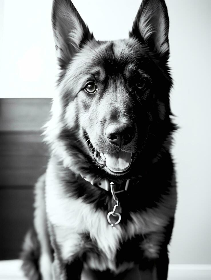 Happy German Shepherd Dog Black and White Monochrome Photo in Studio Lighting