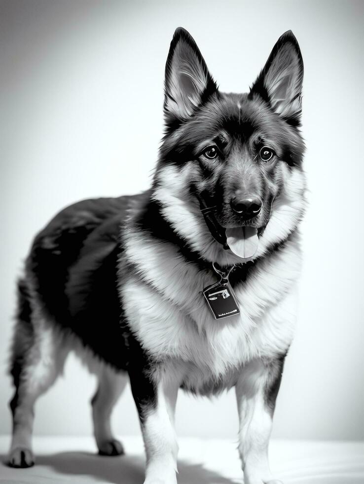 Happy German Shepherd Dog Black and White Monochrome Photo in Studio Lighting