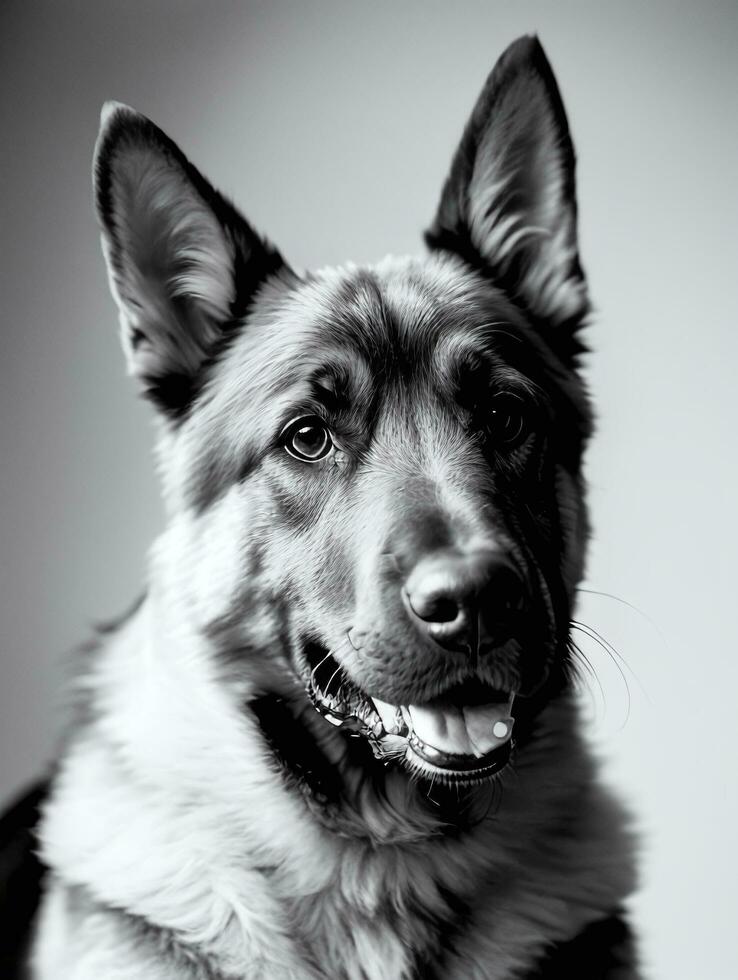 Happy German Shepherd Dog Black and White Monochrome Photo in Studio Lighting