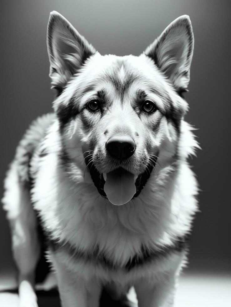 contento alemán pastor perro negro y blanco monocromo foto en estudio Encendiendo