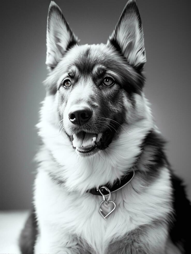 Happy German Shepherd Dog Black and White Monochrome Photo in Studio Lighting