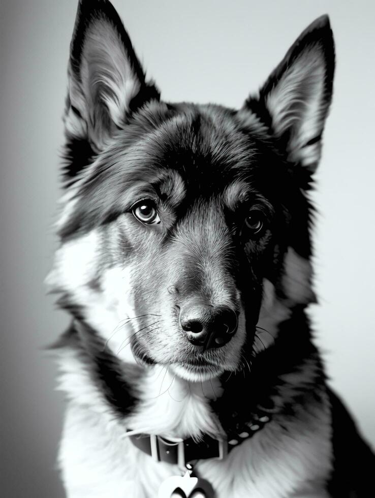 contento alemán pastor perro negro y blanco monocromo foto en estudio Encendiendo