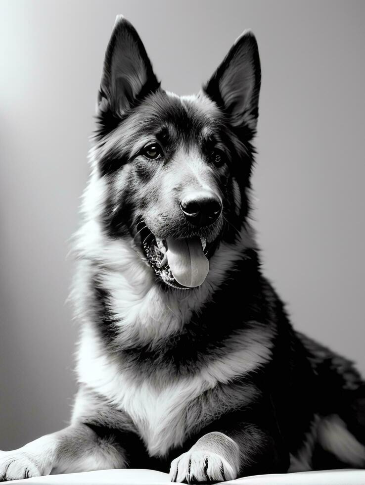 Happy German Shepherd Dog Black and White Monochrome Photo in Studio Lighting