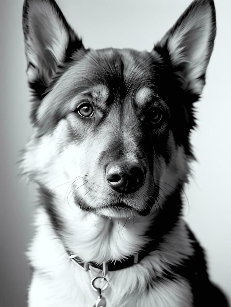 Happy German Shepherd Dog Black and White Monochrome Photo in Studio Lighting